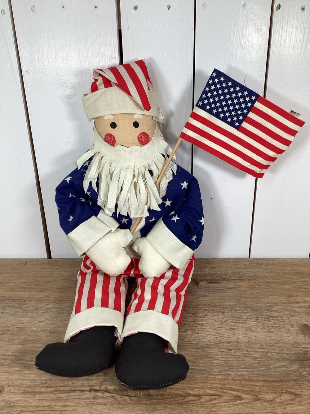 Patriotic Uncle Sam Or Santa Stuffed Cloth Doll Americana Folk Art Wood Flag 20"